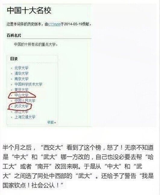 中國十大名校百科詞條變更全過程